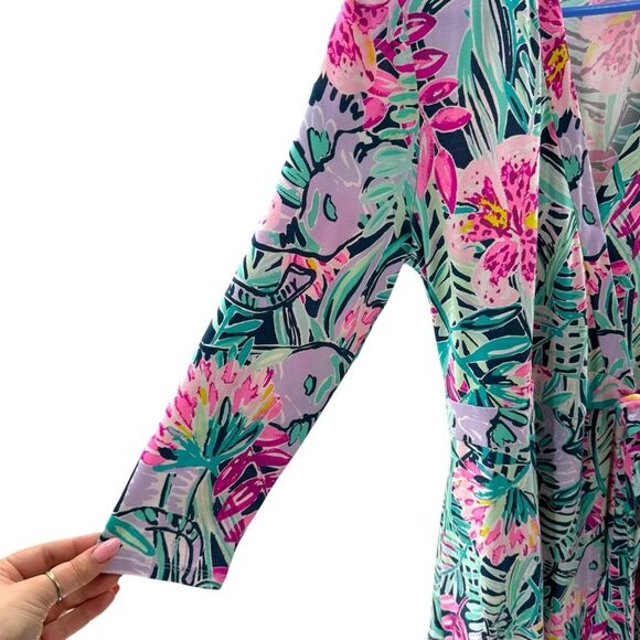 Lilly Pulitzer M Rosaline Wrap‎ Dress Tropical Floral Aqua Purple Asymmetrical - Picture 3 of 10